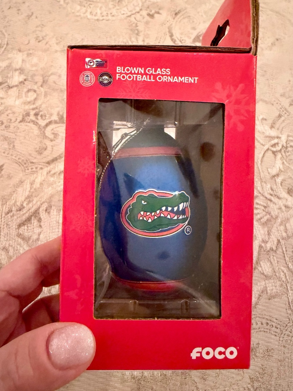 💕UF Florida Gators Blue & Orange Blown Glass Football Ornament